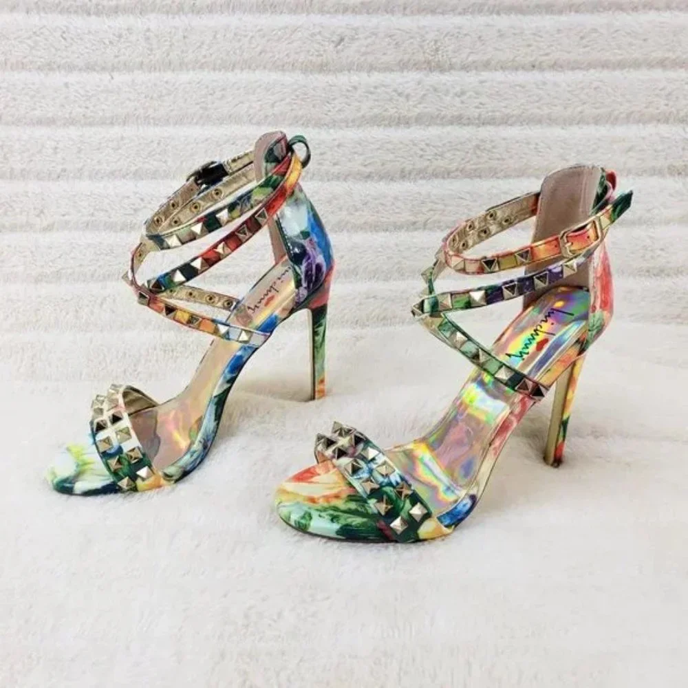 Sexy Riot Colorful Patent Gold Stud Cross Strap Sandal Shoe 4.5